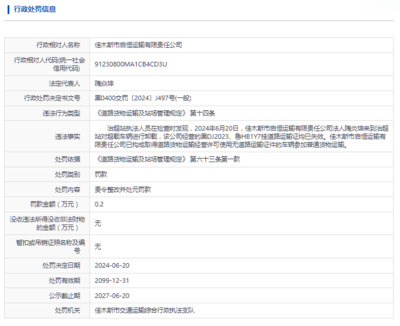 佳木斯市啟恒運輸有限責任公司被罰款2000元
